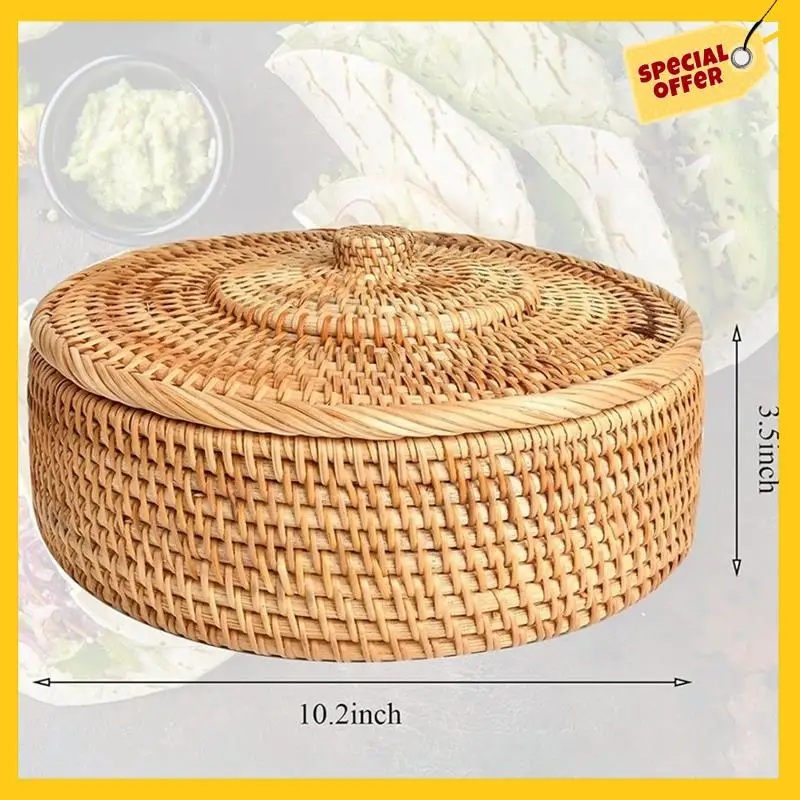 A96K-Round Rattan Boxes With Lid Hand-Woven Multi-Purpose Wicker Tray 10.2Inch Picnic Food Bread Table Storage Basket 6