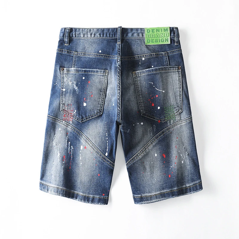 EH·MD® Men's Embroidered Rose Micro Chapter Jeans Shorts Cropped Pants Cotton Red Ears Breathable Soft Elastic Summer Ink Splash