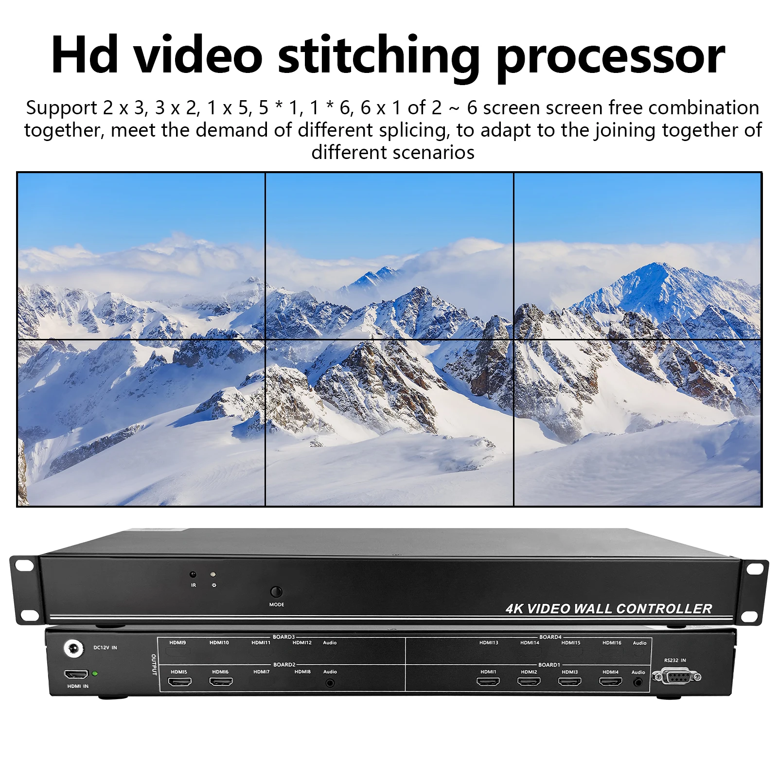 

2x3 HDMI Video Wall Controller HD Processor MultiScreen Stitching 1920x1080P60Hz 1 In 6 Out TV Splicing Box Splicer 180° Flip