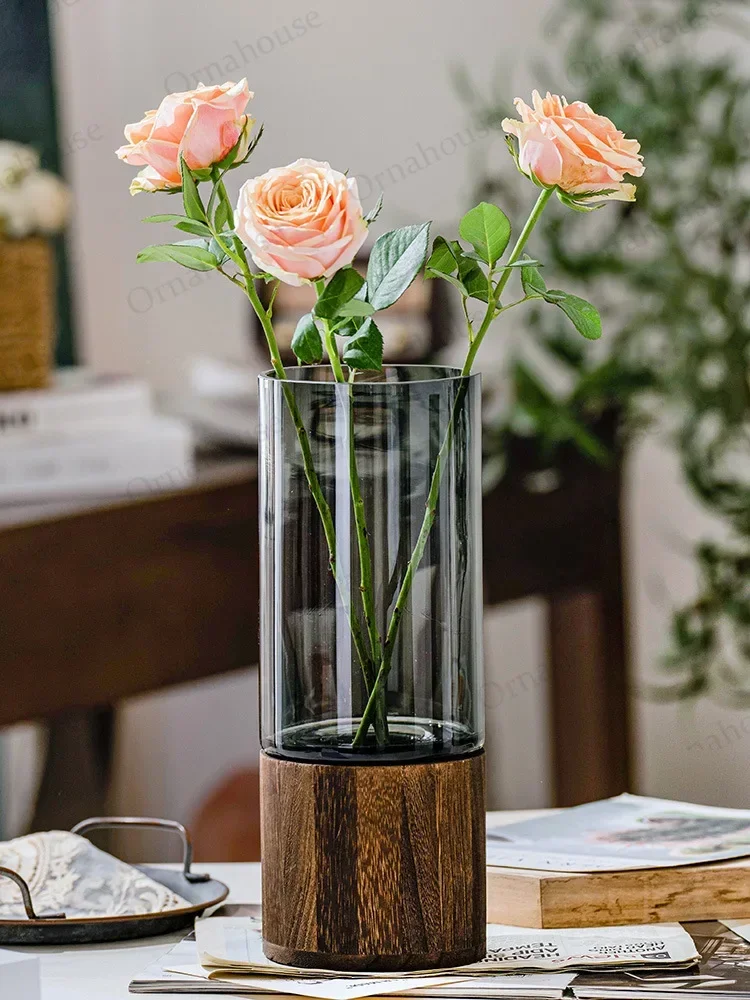 Modern Simple and Creative Glass Water-grown Flowers Wooden Base Vase Decoration Living Room Dining Table Flower Arrangement 3