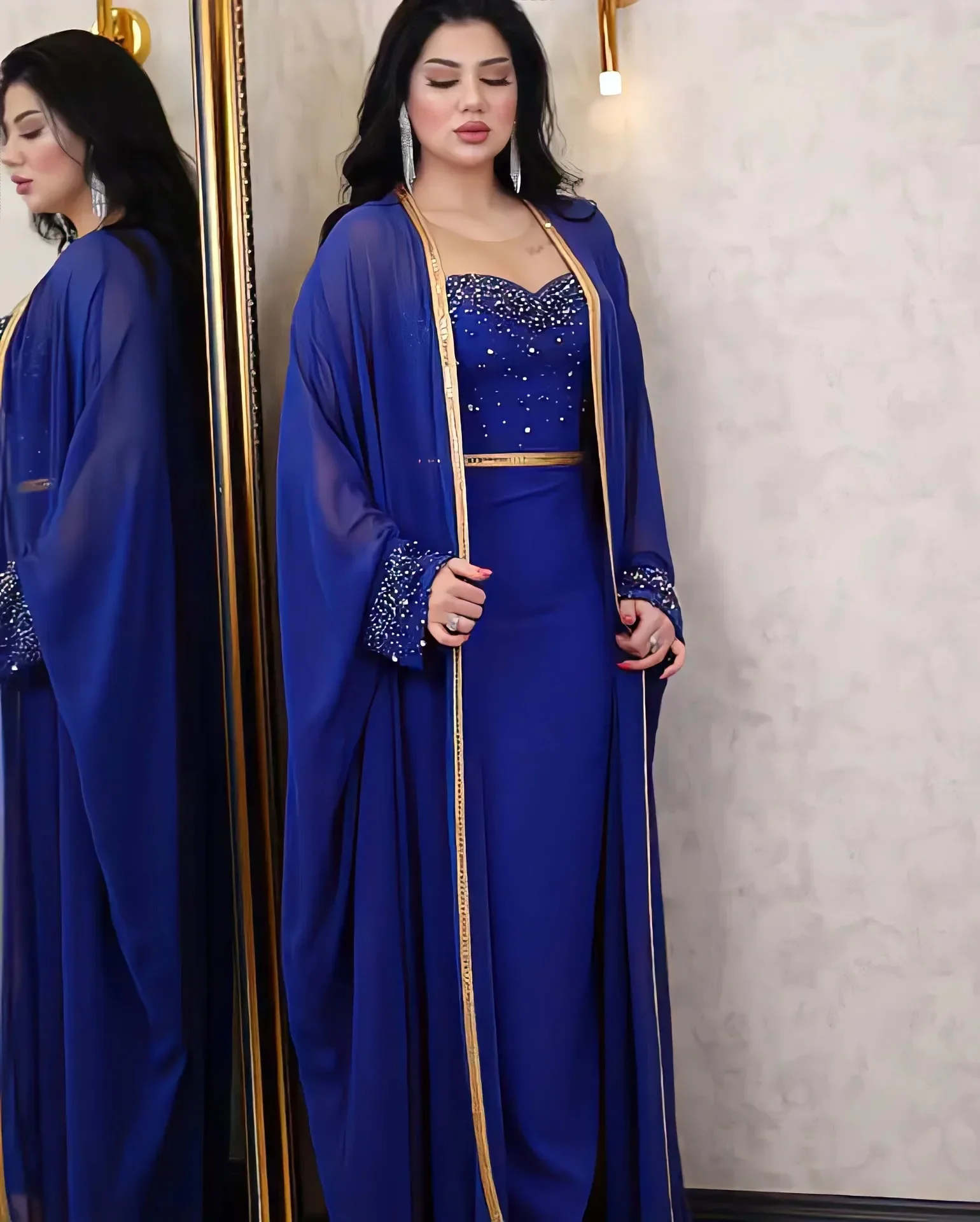 Muslim Abayas for Women Dress 2 Piece Set Beaded Abaya Dubai Luxury Party Dresses Kimono Gown Saudi Arabic Kaftan Robe Islamic