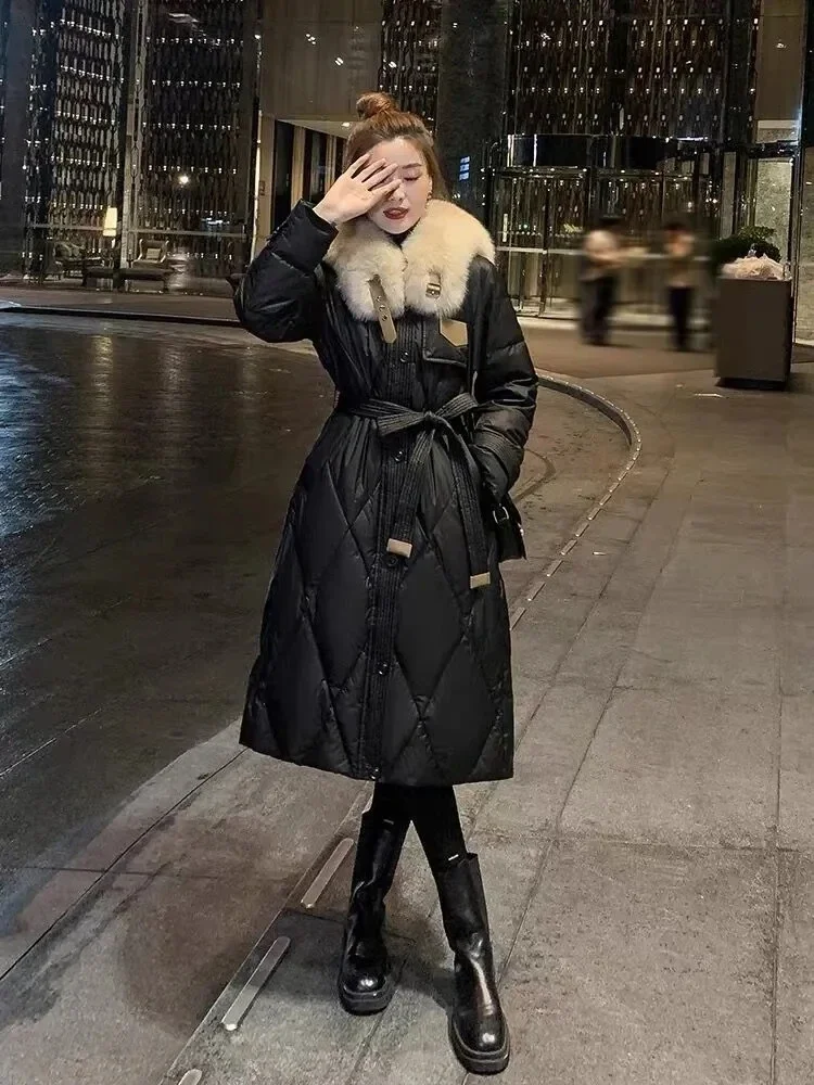Cotton-padded Jacket Women With Big Fur Collar and Down Winter 2024 New High-quality Waist Long Knee-length Cotton-padded Coat