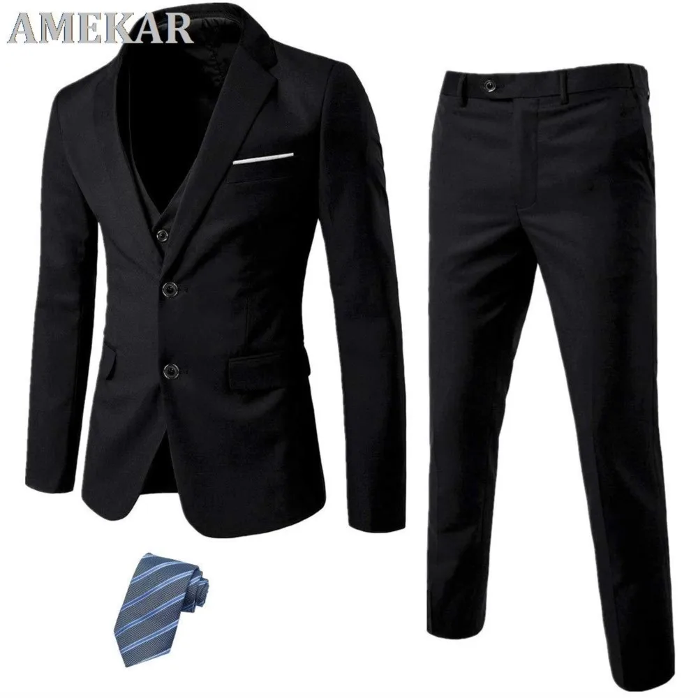 

Men's 3 Piece Slim Fit Suit Set 2 Button Blazer Jacket Vest Pants With Tie For Man Business Solid Wedding Dress Trousers Tuxedo