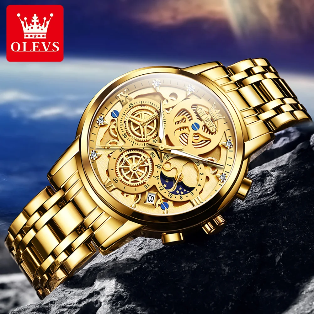 OLEVS Top Brand Men's Watches Luxury Original Waterproof Quartz Watch for Man Gold Skeleton Style 24 Hour Moon phase Day Night