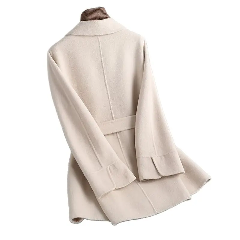 Double-Sided Felt Coat Female Autumn Winter 2023 New Small Camel Lace-up off the Shoulder Sleeve Loose Women's Coat Solid Color