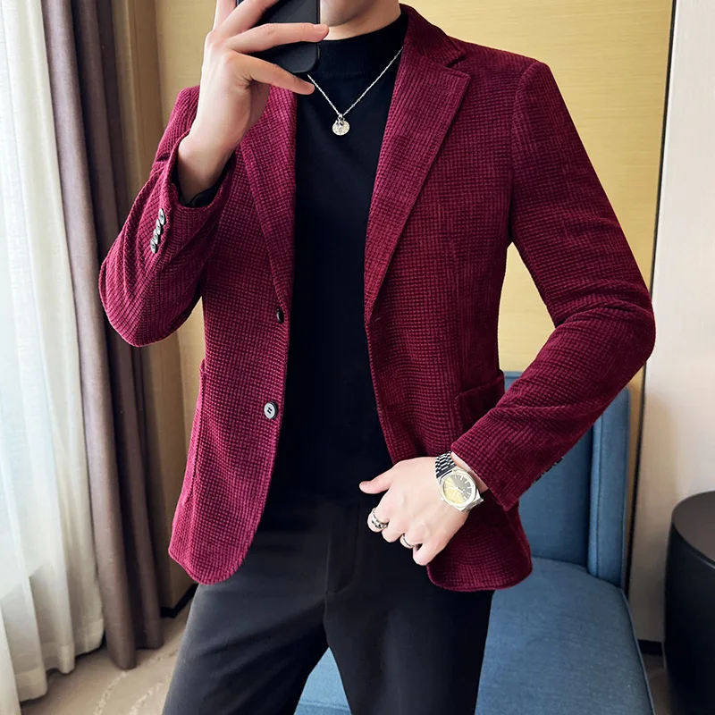 Blazer Hombre Corduroy Suit Jacket Korean Version Business Slim Fit Formal Social Banquet Dress Jacket Size 4XL-M