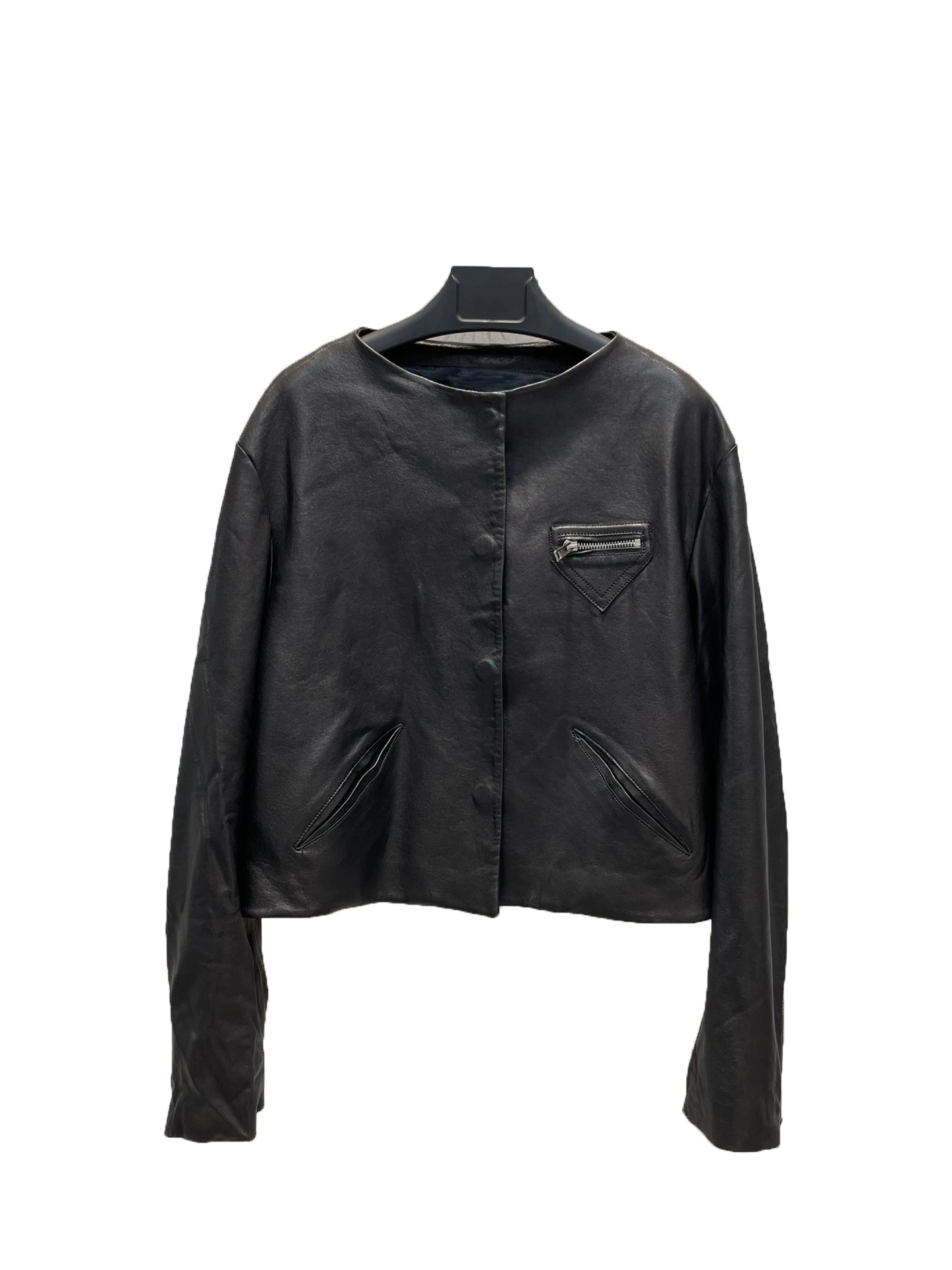 

Round neck leather jacket three-dimensional cutting short version of the version of casual fashion 2024 fall new 1115