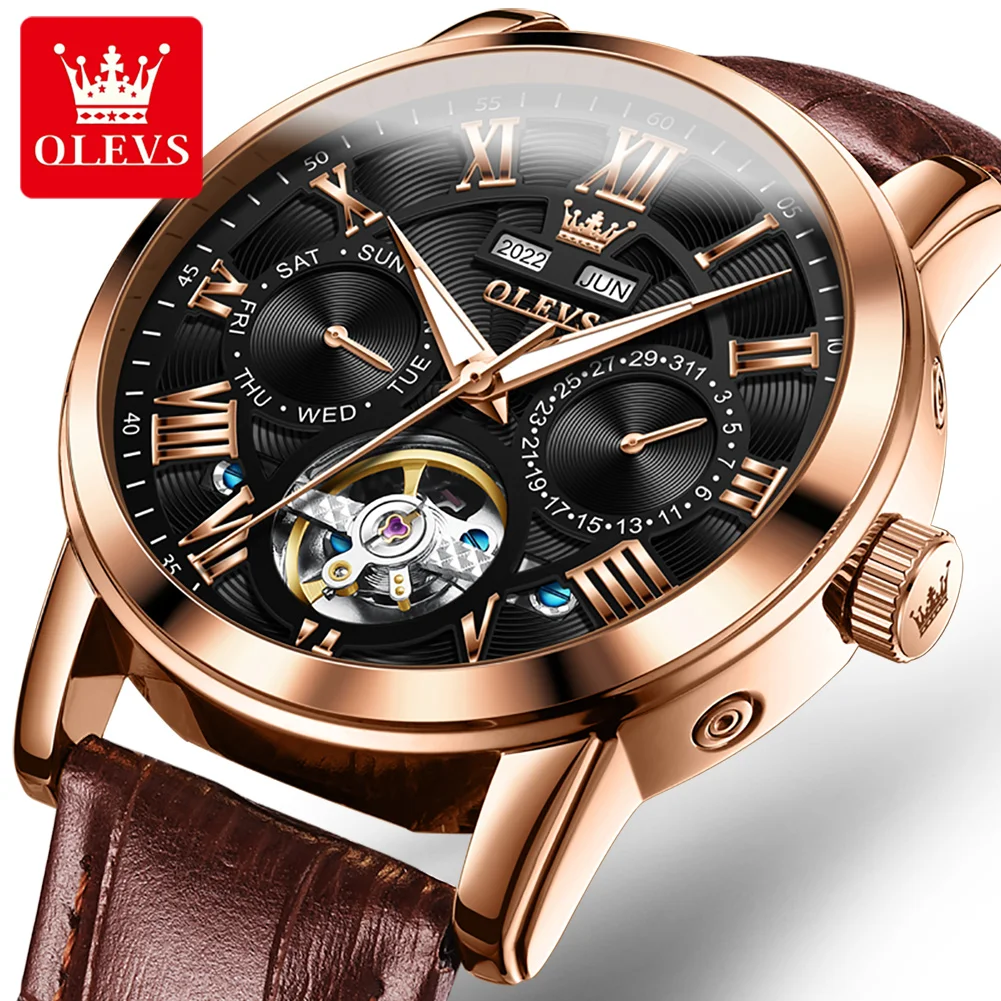 OLEVS New Mechanical Watch for Men Luxury Leather Waterproof Multifunction Year Month Week Date Automatic Tourbillon Watches Men mood diary roller date planner journal seal manually adjustable year month day digital holiday blessing stamp seal