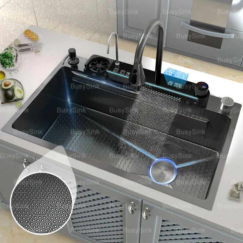 Stainless Steel Waterfall Kitchen Sink Embossed Intelligent Digital Display Washbasin Vegetable Cubic Console Single Sink
