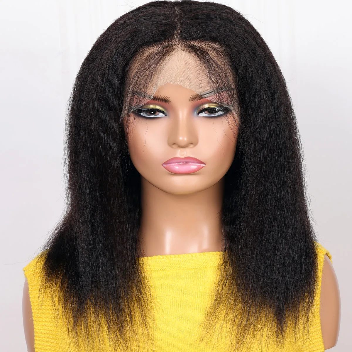 Lace Front Wig Soft Yaki Preplucked Middle Part Short Bob 16Inch 180Density Kinky Straight Synthetic With Baby Hair Glueless