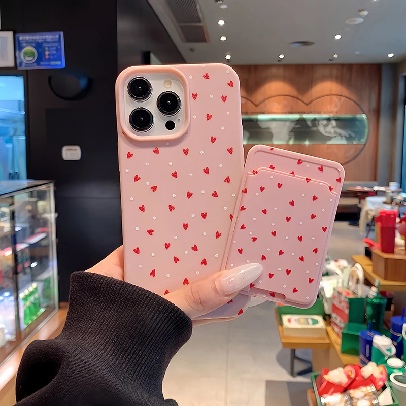 Card Slot Pocket Phone Case with Love Heart Pattern - Shockproof Soft Silicone Cover