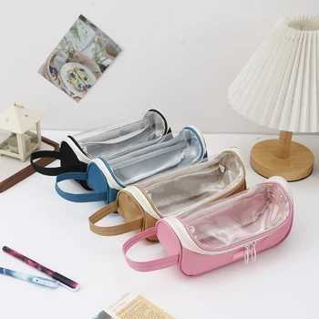 Astuccio trasparente di grande capacità con maniglia e cerniera circolare, organizer portatile per la scuola, l'ufficio e lo studio.