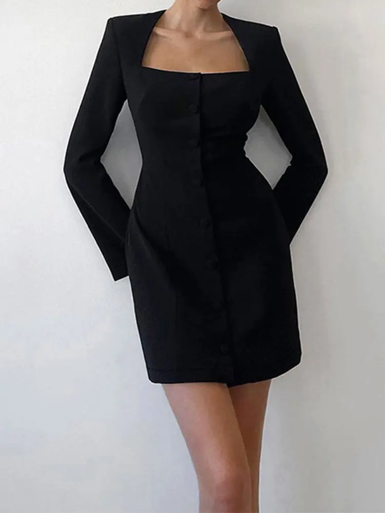 

Women's Fashion 2023 Black Square Collar Long Sleeve Slim Skirt OL Women Office Casual Midi Dresses Buttons Black Mini Dress
