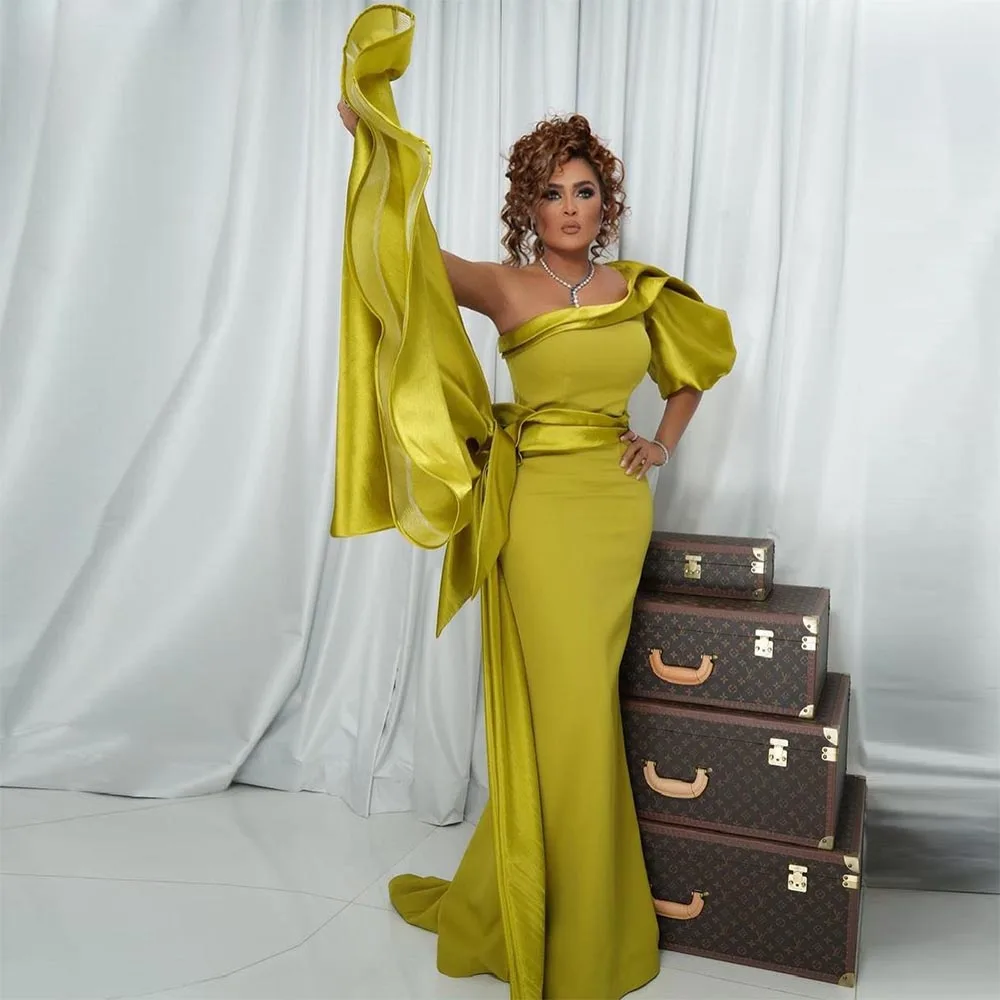 

Saudi Arabric Satin Mermaid Evening Dresses One Shoulder Pleat Ruched Ruffles Dubai Prom Dress 2023 New Formal Party Gown