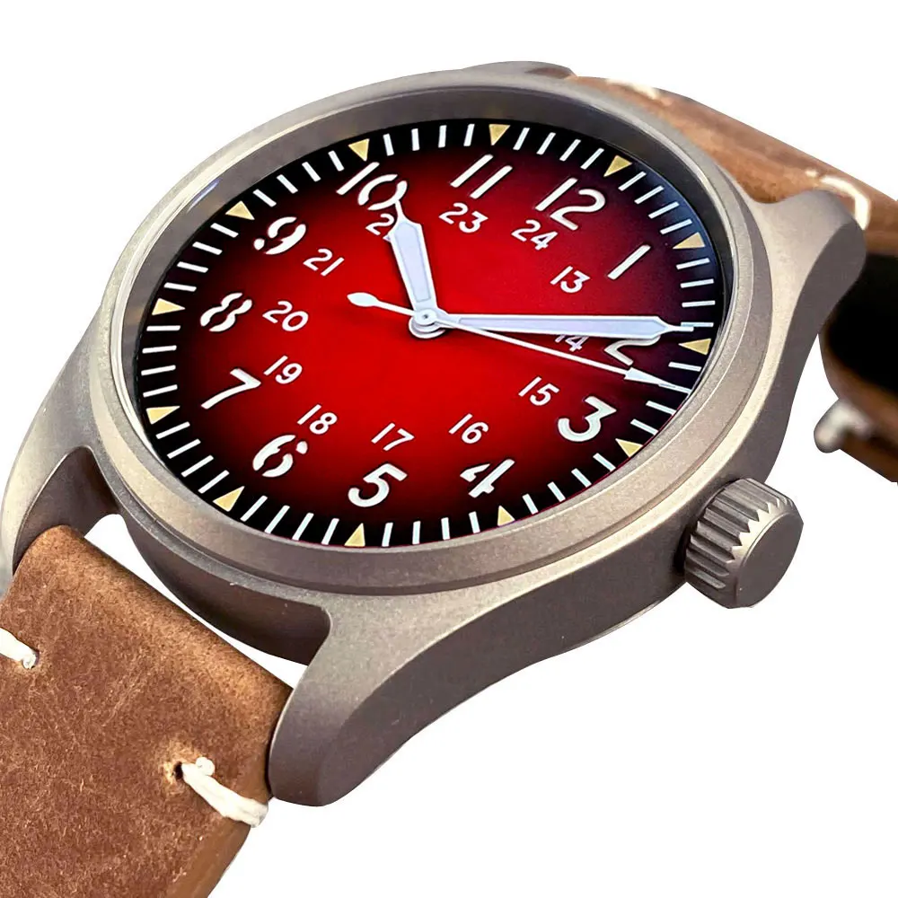 Tandorio 39mm Titanium Case Watch Men Red Blue Sandwich Dial 20ATM Waterproof NH35 PT5000 Automatic Mechanical Leather Band blue titanium