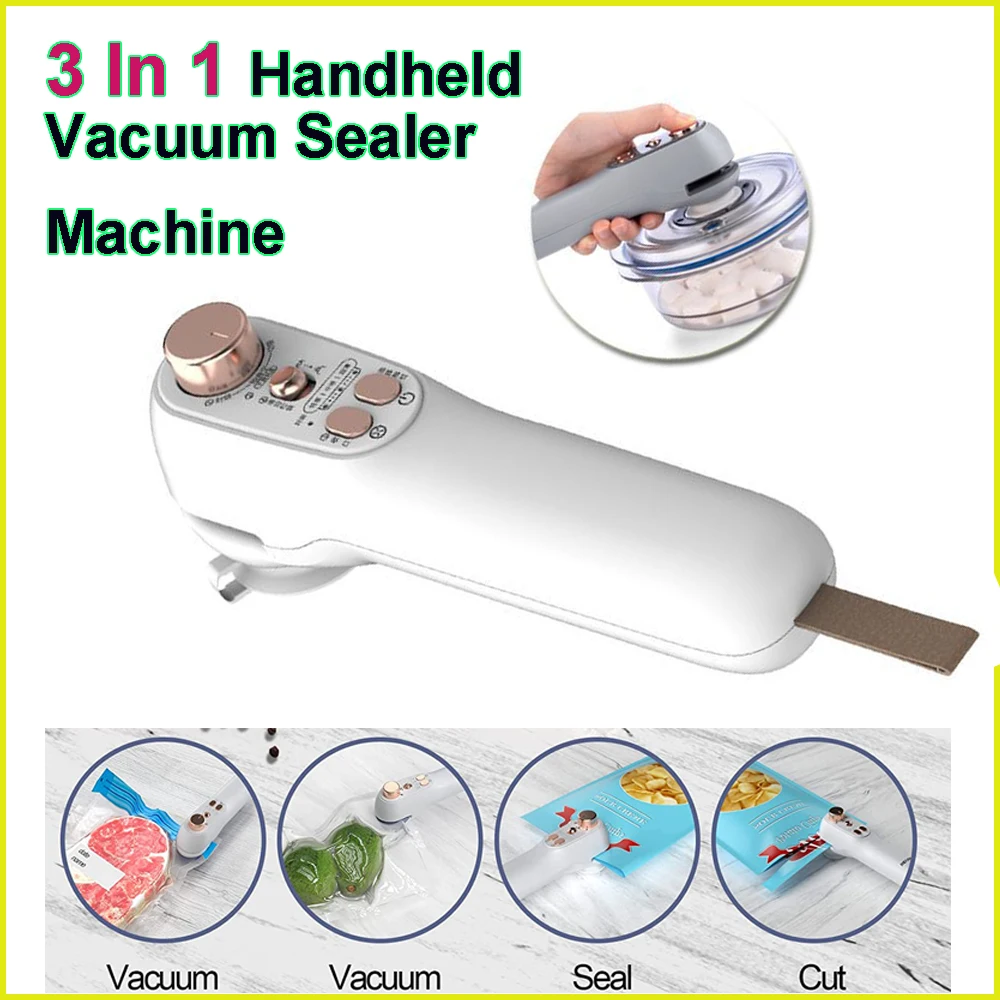

Mini Portable 3 in 1 Handheld Vacuum Sealer Machine + Cutter Household Food Storage Vacuum Saver Sealer Plastic Bag Cutting Tool