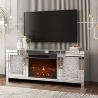 Mirror Fireplace TV Cabinet, Mirror Media Entertainment Center, Silver TV Console Table, Living Room Mirror Furniture 1