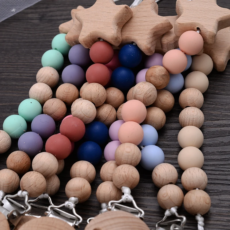 Baby Silicone Teether Pacifier Chain Bracelets Set Round Wooden Dummy Holder Clip For Baby Teething Nipple Chain Nursing Toys