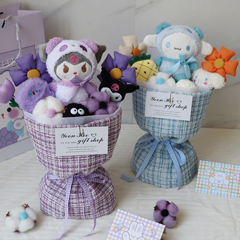 

Плюшевый цветочный букет Sanrio Kuromi Kt, мультипликационная плюшевая игрушка Hellokitty Cinnamoroll, милая декоративная кукла для девочки, подарок на день Святого Валентина