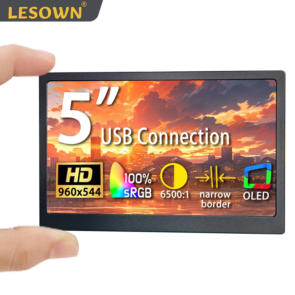 

LESOWN 5 inch OLED Small Wide Screen Portable Gaming Monitor 100%sRGB 1MS USB Connection for Windows Laptop PC, Driver Needed