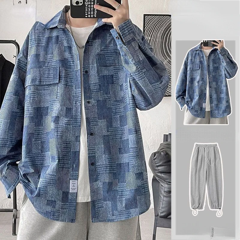 

Korean Style Men's Set Shirts and Pants Summer Streetwear Long Sleeve Top Matching Bottoms Fashion Oversized Clothing Man X165