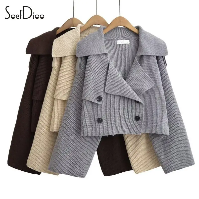 

Soefdioo Casual Turn-Down Collar Loose Knit Cardigan Women Fashion Long Sleeve Crop Sweater Coat 2024 Spring High Street Outfits