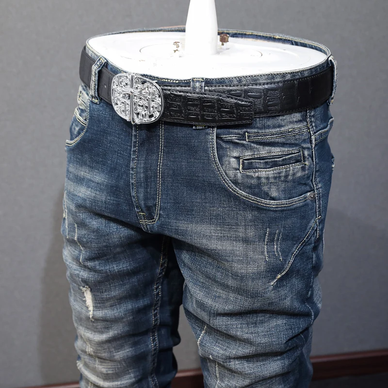 Fashion Vintage Men Jeans High Quality Retro Black Blue Elastic Slim Ripped Jeans Men Spliced Designer Denim Biker Pants Hombre