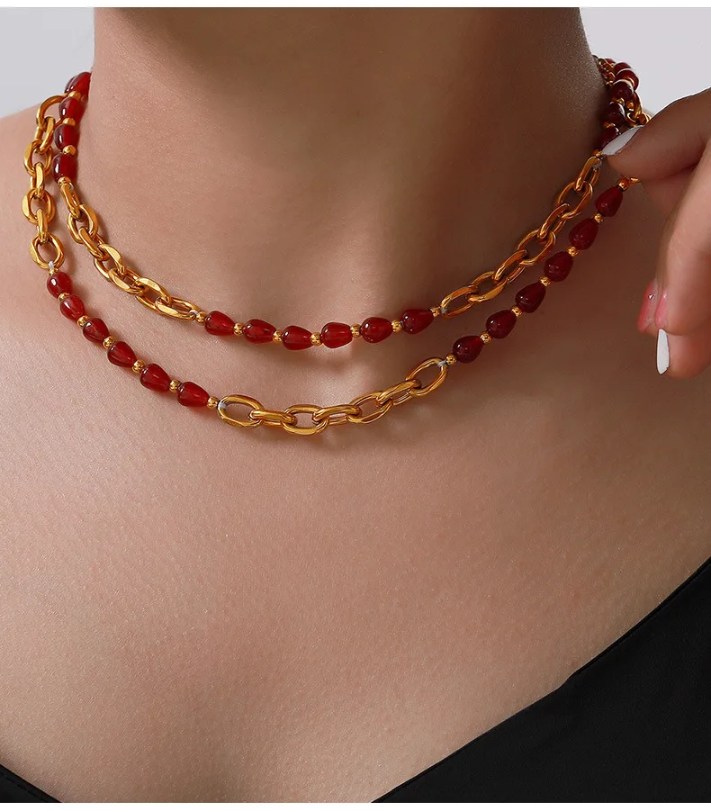 316l Edelstahl vergoldete Kette rote Achat Perlenkette Armband Luxus Schmuck Set Damen Vintage Accessoires – Detail 5