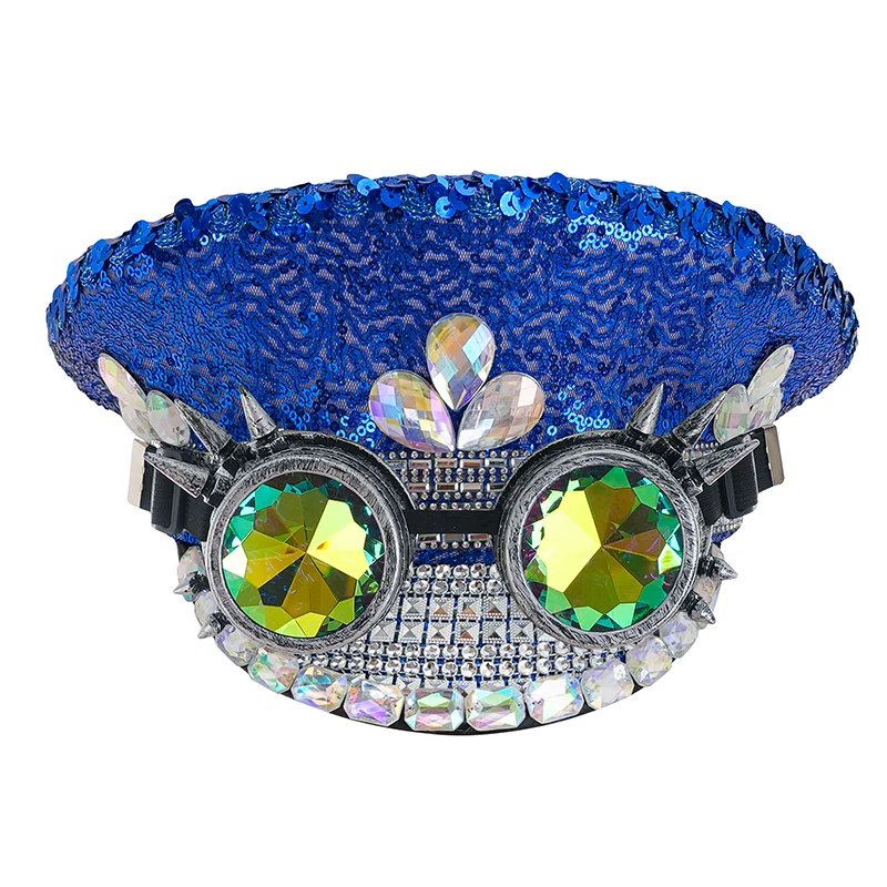 

Blue Sequined & Silver Rhinestone Captain Hat With Glasses Festival Carnival Party Rave Rock Punk Cosplay Accessories Club Wear