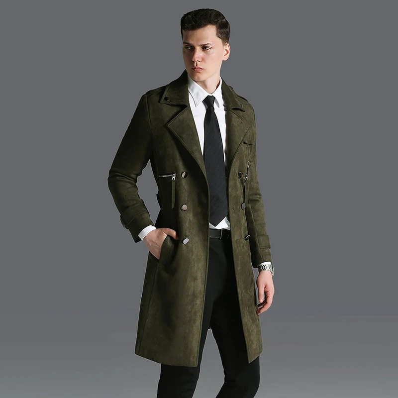 Men's Casual Suede Trench Coat Double Breasted Black Work Slim Fit Belted, Army Green Spring Autumn Plus Size S-6XL