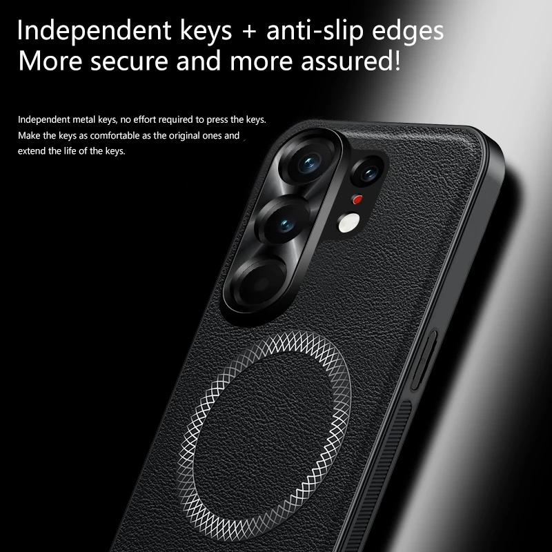 Luxury Leather Texture Magnetic Case with Wireless Charging & Shockproof Back Cover