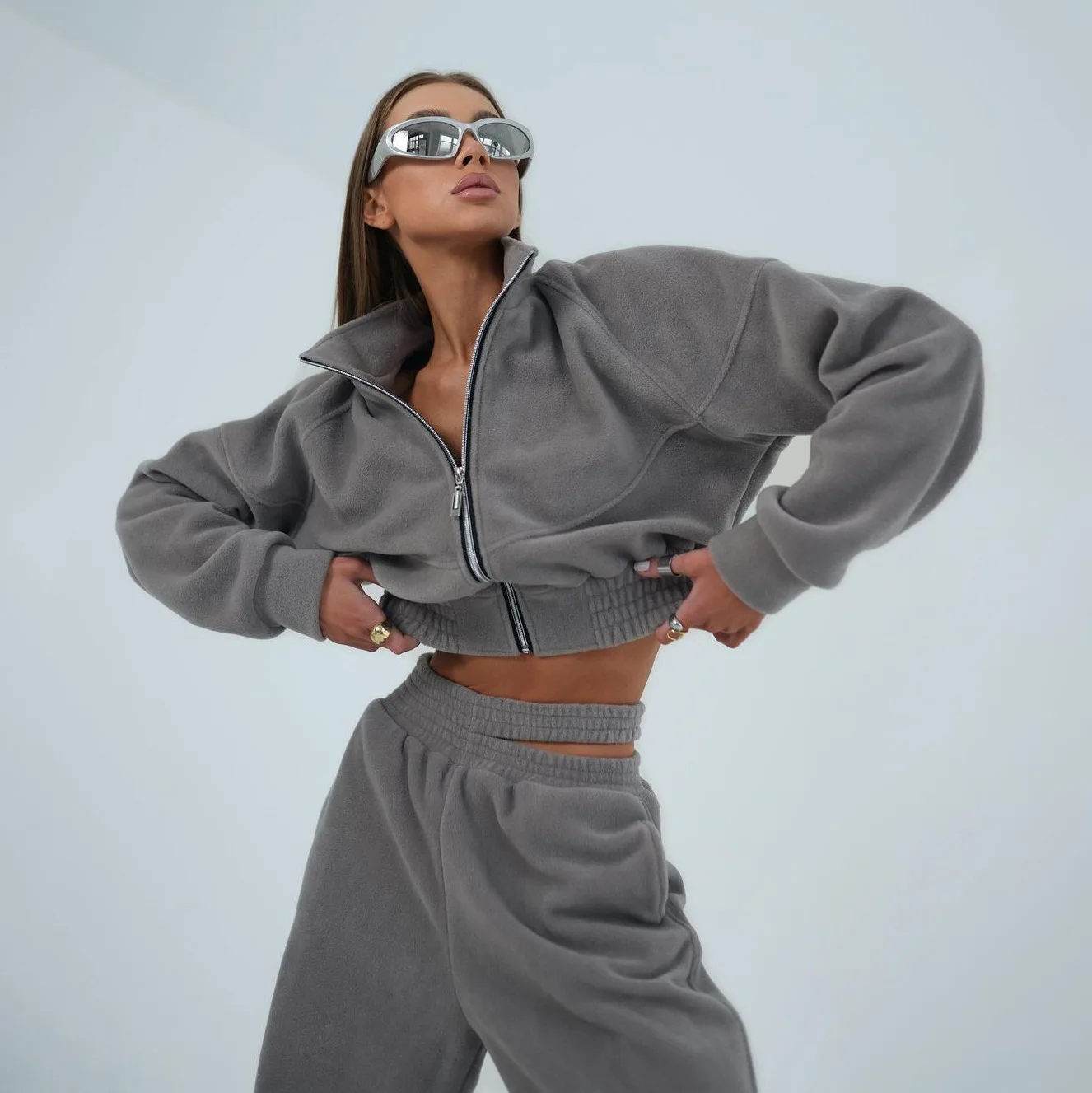 

2024 Spring Women's Suit Grey Turn-down Collar Long Sleeves Zipper Hoodie Long Pants Suits Female New Trendy Casual Lady Clothes