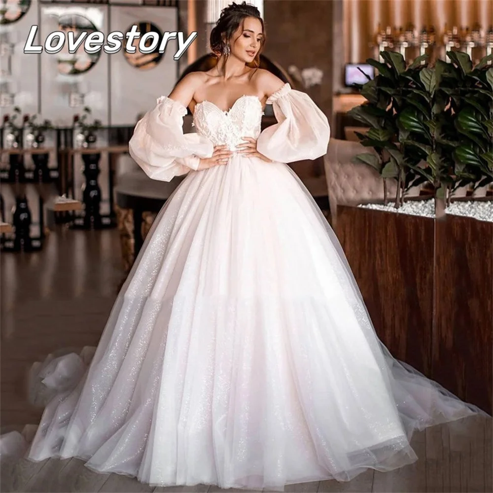 

A-Line Dirty Pink Wedding Dresses Puff Sleeves Bridal Gowns Glitter Sparky Bride Robes Off Shoulder Sweetheart Vestidos De Noiva