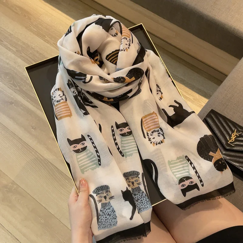 

2023 Fashion Luxury Brand Women Cartoon Lovely Cat Cotton Shawl Spring Autumn Wrap Hijab Lady Pashmina Viscose Foulard Stole