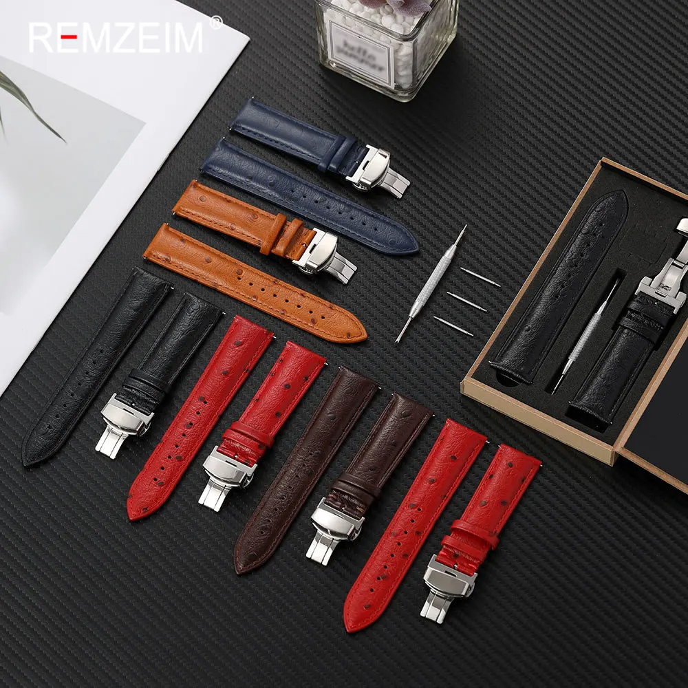 Unisex Genuine Leather Watch Strap with Stainless Steel Butterfly Buckle and Gift Box