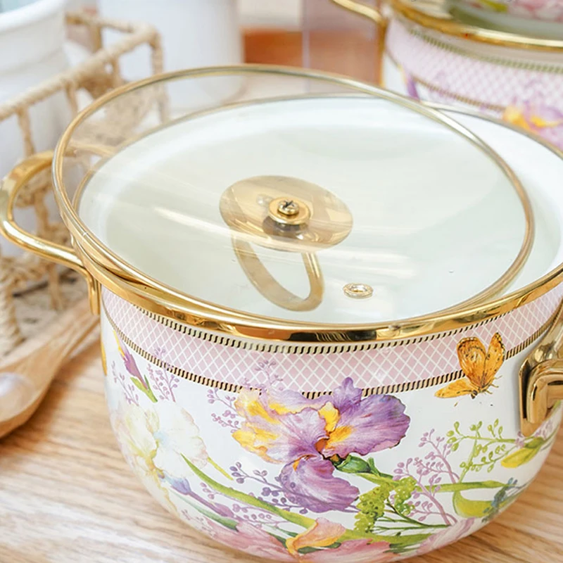 Pot Enamel Stew Kitchen Pots Cooking Soup Bowl Serving Casserole Binaural  Floral Pattern Bottom Flat Home Retro Stockpot 