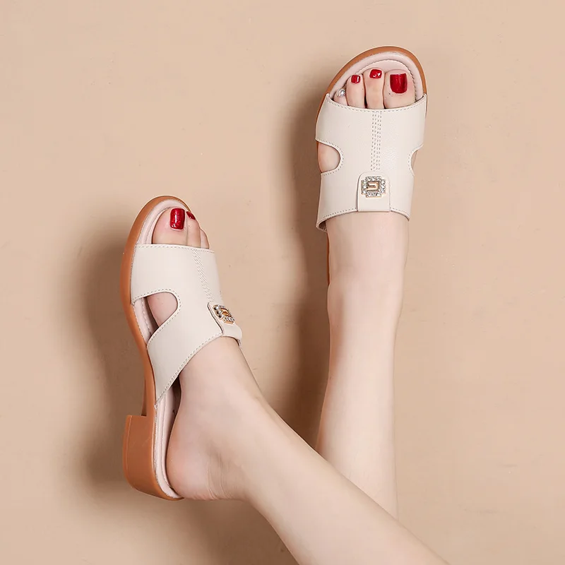 

Cowhide Slippers Women Wear Comfortable Soft Bottom Flat Large Size Indoor Stay At Home Slippers with Middle - Aged Summer Shoes