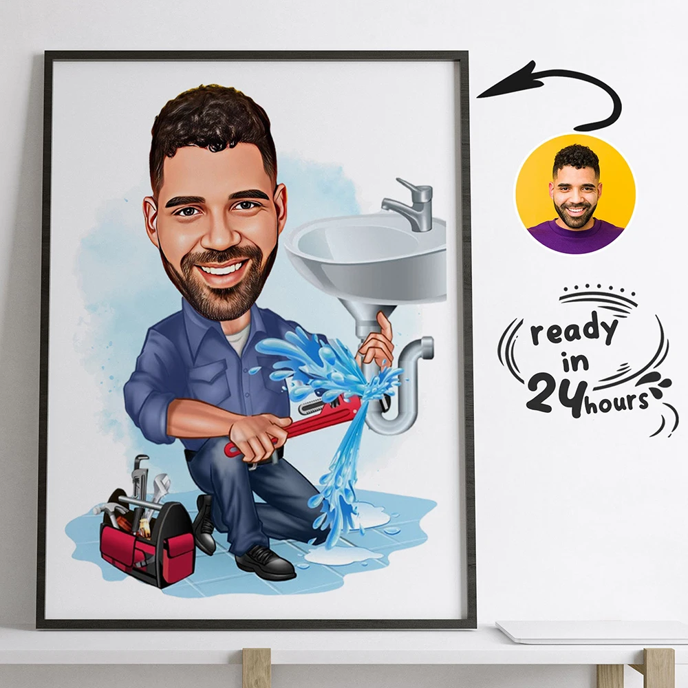 

Plumbing Repairman with Blue Clothes Caricature Cartoon Personal Wall Art Poster And Prints Picture Canvas Painting Decoration