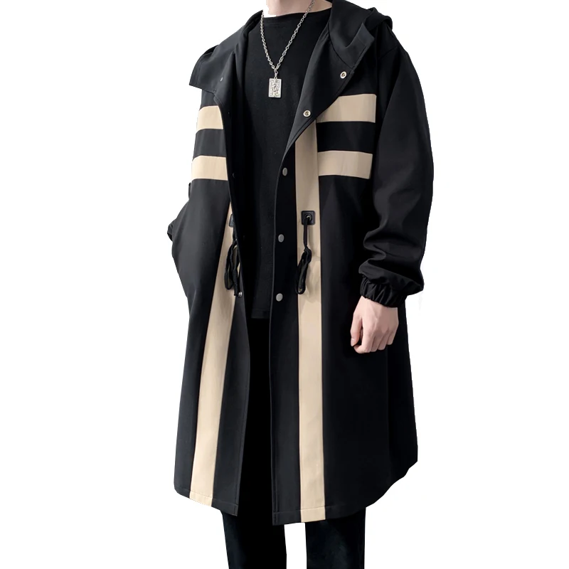 2024 Spring Mens Windbreaker Trenchcoat Patchwork Color Medium Long Korean Covered Button Hooded Trench Outwear