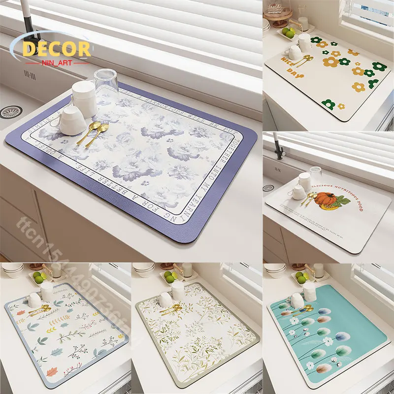 

Flower and Leaf Print Drain Pad Kitchen Dish Drying Mat Silicone Super Absorbent Draining Pads Bathroom Countertop Drainer Mats