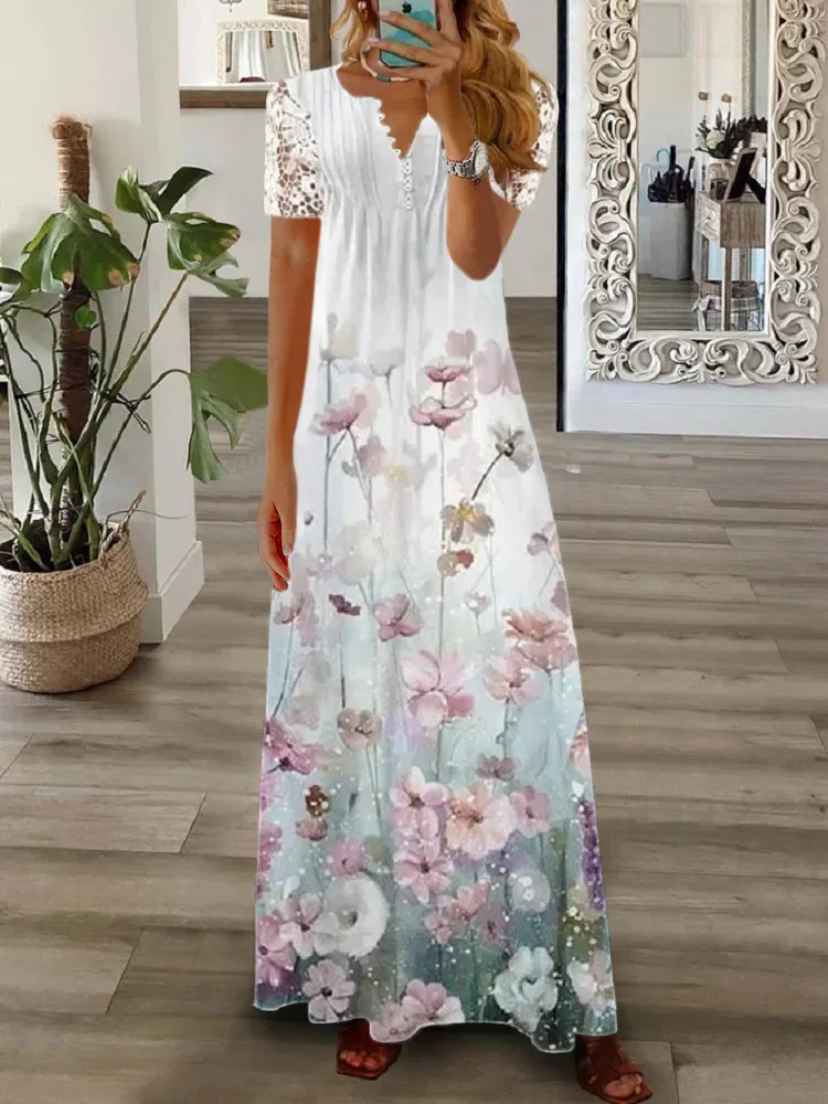 S6a372ad3b0a44ea696e10502d72e275bb Spring/Summer Fashion Women's Short Sleeve Printed Lace Dresses Elegant Women's White V-neck Slim Fit Party Long Vestidos S-5XL Mallzona