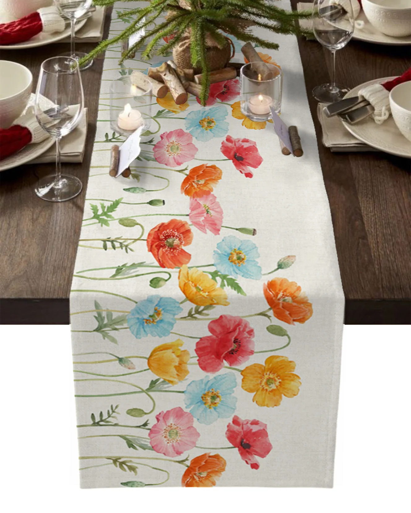 

Watercolor Poppy Flower Linen Table Runner Kitchen Table Decoration Farmhouse Reusable Dining Tablecloth Wedding Party Decor