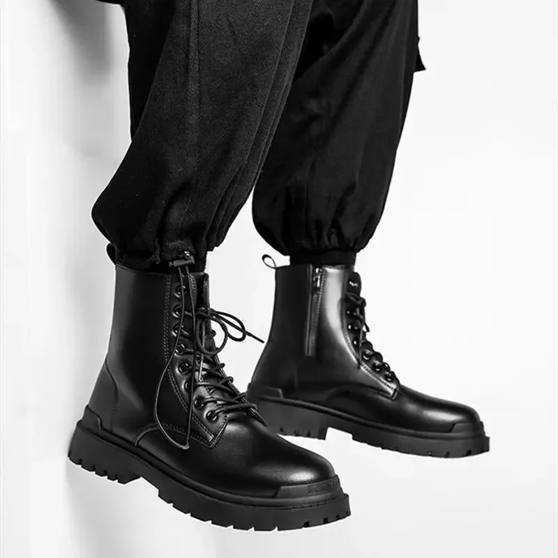 Leather Shoes for Men Platform High Top Thick Sole Black Man Casual Boots Pu Cowhide Footwear Offer Retro Legitimate Designer