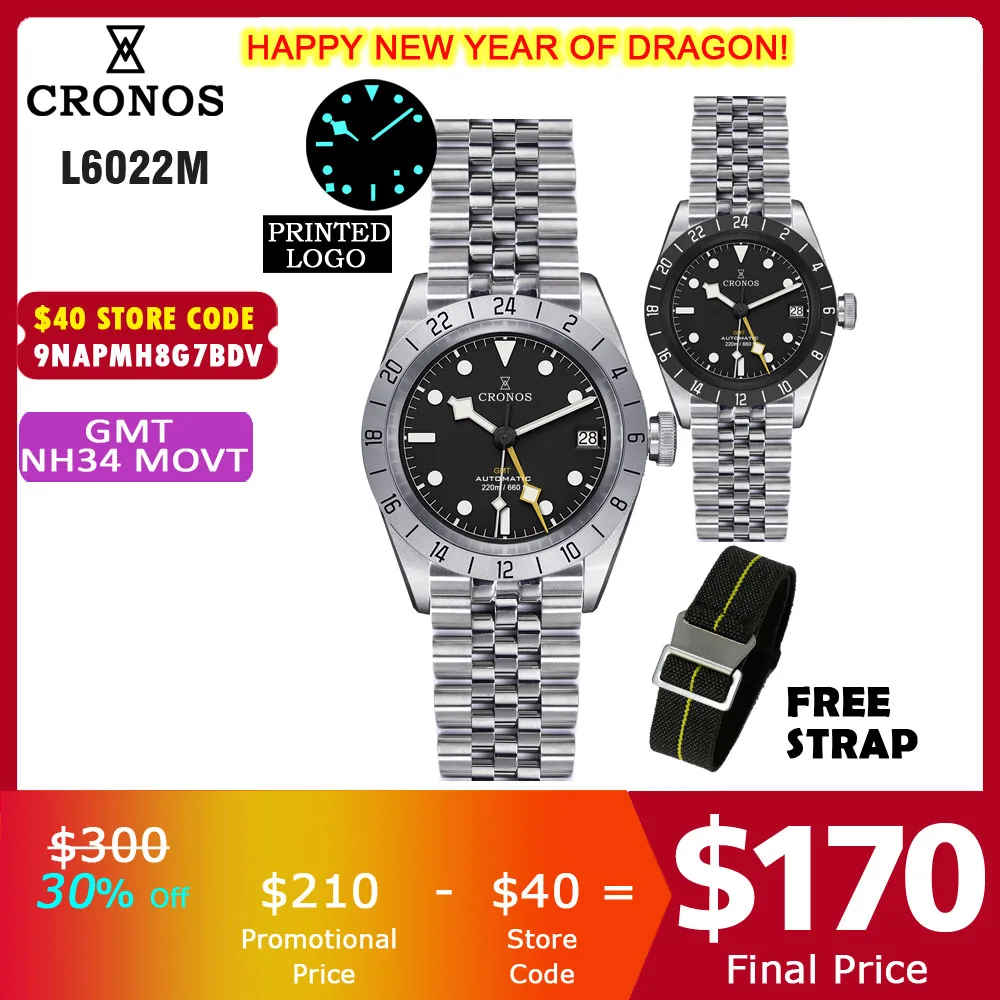 Cronos Vintage Gmt 39Mm Nh34 Orologio Da Uomo Automatico Vetro Zaffiro Meccanico Data Finestra Bgw9 Lum Jubilee 5 Maglie Bracciale L6022M