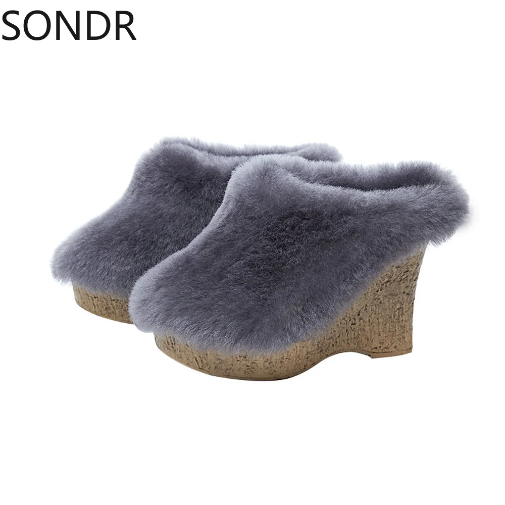 

Real Lambswool Fur Womens Furry Platform Wedge High Heel Warm Winter Mules Slipper Plush Slides Shoes Thick 5Colors