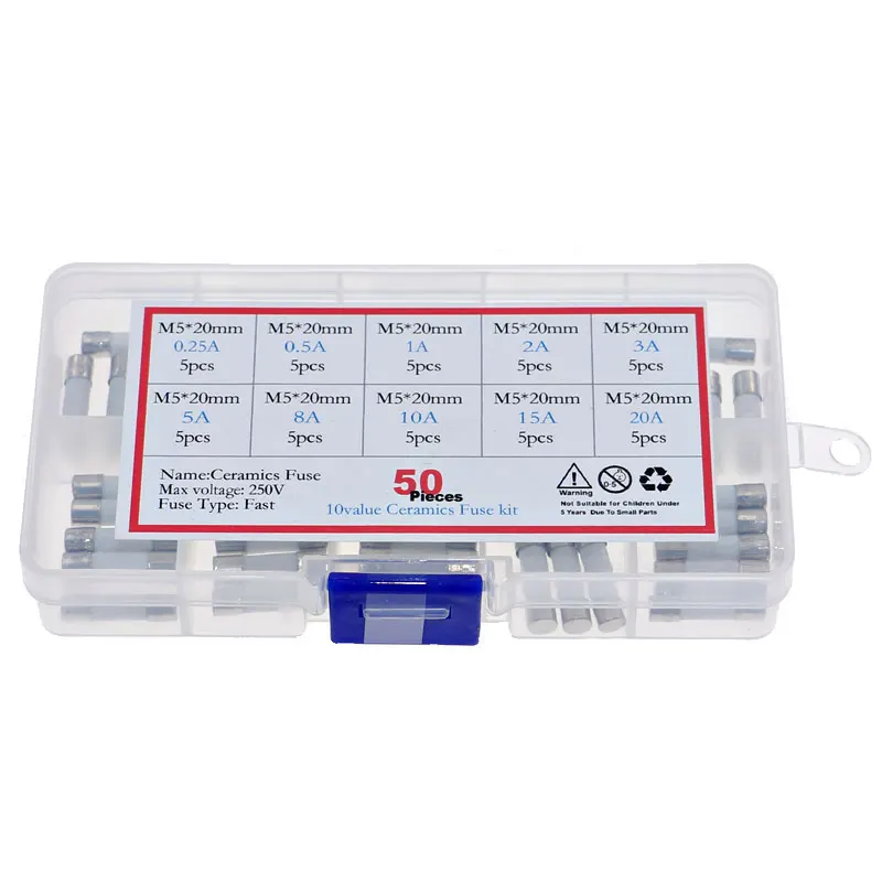 50pcs 10 Kinds Fast Ceramic Fuses Assortment Kit Box 250V 5mm x 20mm 0.25A 0.5A 1A 2A 3A 5A 8A 10A 15A 20 AMP Fuse Tube