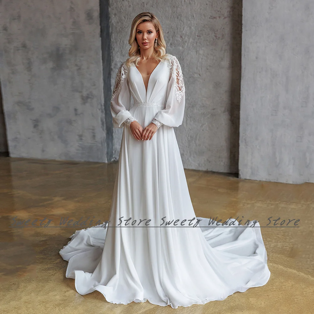 

Summer Wedding Dress New Arrival Deep V Neck Puff Sleeves Beads Sashes Court Train Chiffon A Line Vestido De Noiva Bridal Gown