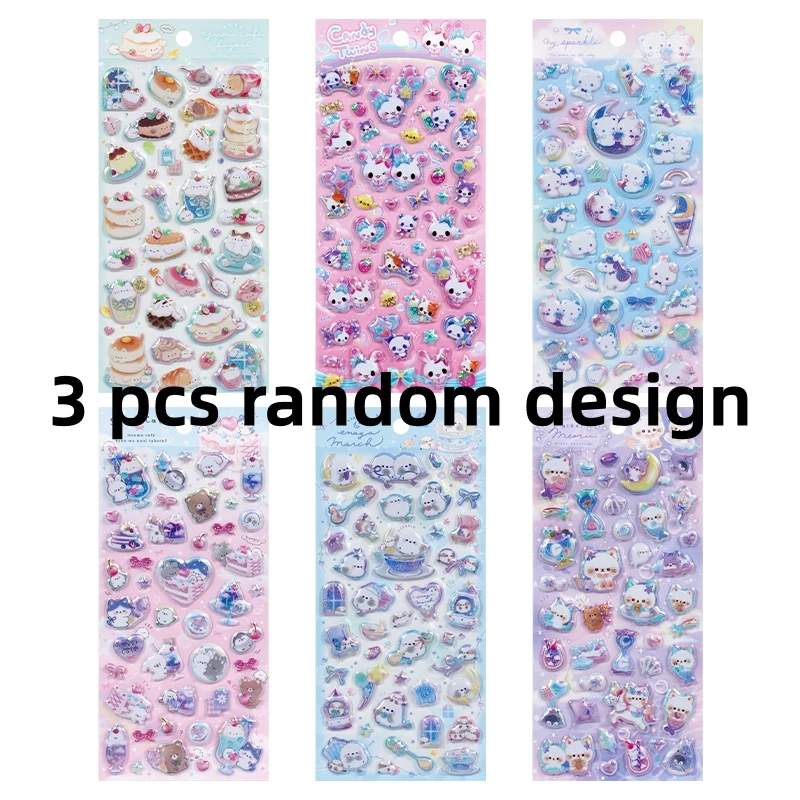 3 pcs/6 pcs Sweet Candy Pets Cat Coffee Cakes Flash Puffy 3D Stickers Scrapbooking Diy Diary Stationery Stickers School Supplies