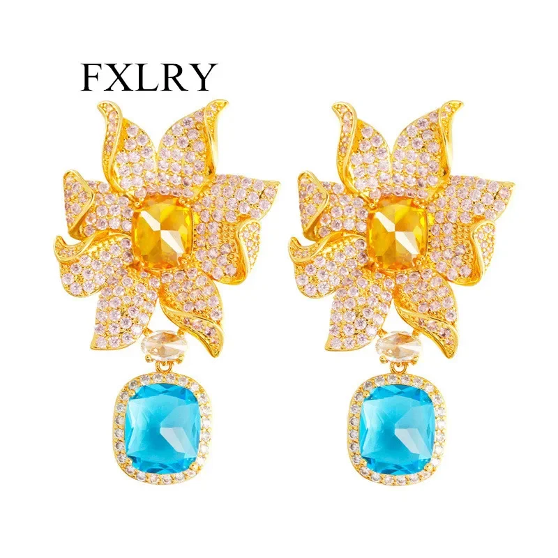 

FXLRY Luxury AAA Cubic Zircon Geometric Big Purple /Yellow Flower Earrings For Women Wedding Jewelry