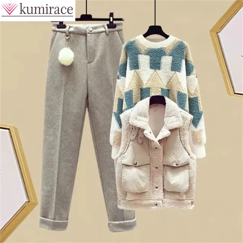 winter new plush thickened letter printing hoodie slim tank top flocked trousers three piece elegant women s pants set outfit 2022 Winter New Thickened Splice Knitted Sweater Lamb Fleece Vest Flocked Trousers Three Piece Elegant Women's Pants Set